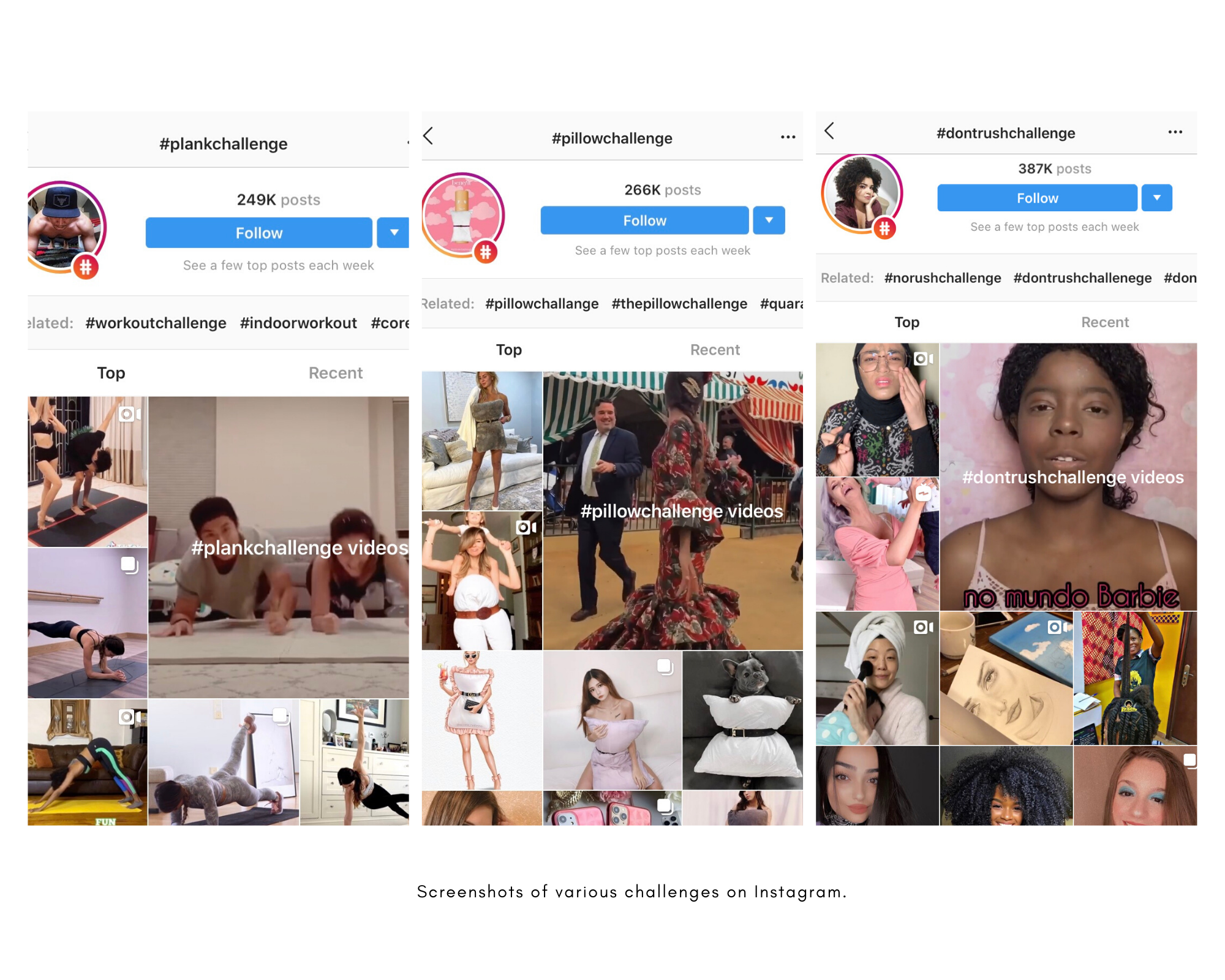 Screenshots of various challenges on Instagram.
